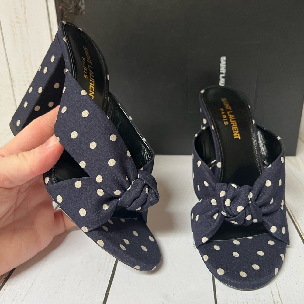 Saint Laurent Bianca 100 Polka Dot Satin Sandal Marine Navy/White Sz 37 / 7 - Picture 4 of 11